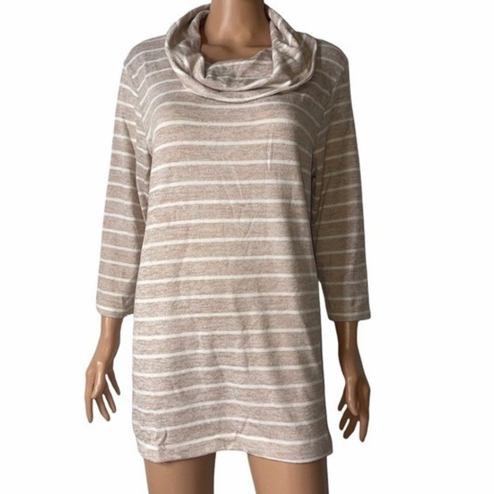 NEW Croft Barrow XL Beige Striped Cowl Neck Knit Tunic Top Blouse